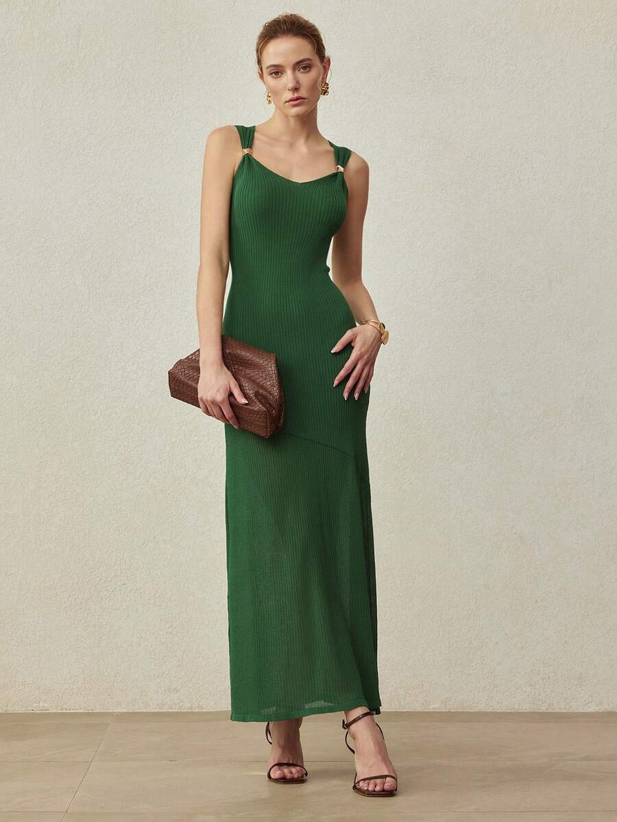MOTF PREMIUM ELEGANT FITTED LONG KNIT DRESS, SPRING/SUMMER - Green - View 1