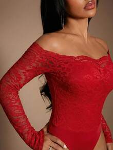 Radiana 女士性感优雅蕾丝露肩连体衣，蕾丝上衣，露肩上衣，适合日常外出、约会、派对、生日、夜店、俱乐部、嘉年华等场合，弹性蕾丝面料，修身显瘦，百搭日常穿着 - 紅色 - 查看 4