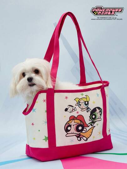 THE POWERPUFF GIRLS X PETSIN Bolsa de transporte grande con bolsillo para perros pequeños, conejos y gatos; bolsa de transporte de lienzo suave para perros, equipada con un cordón interno (correa de tracción); bolsa de transporte plegable para cachorros y gatos en color verde.