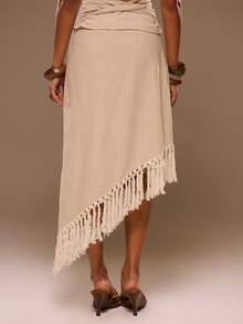 MUSERA Cheesecloth Low Rise Fringed Midaxi Skirt Spring Summer Vacation Beach Elegant Ibiza Festival Holiday Tajine - Apricot - View 4