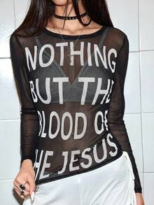 ROMWE Avant Slogan Letter & Cross Print Sheer Blouse - Black - View 3