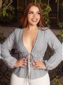 Lupita Cardoza 女士条纹长袖系腰宽松时尚衬衫 - 黑色 - 查看 6