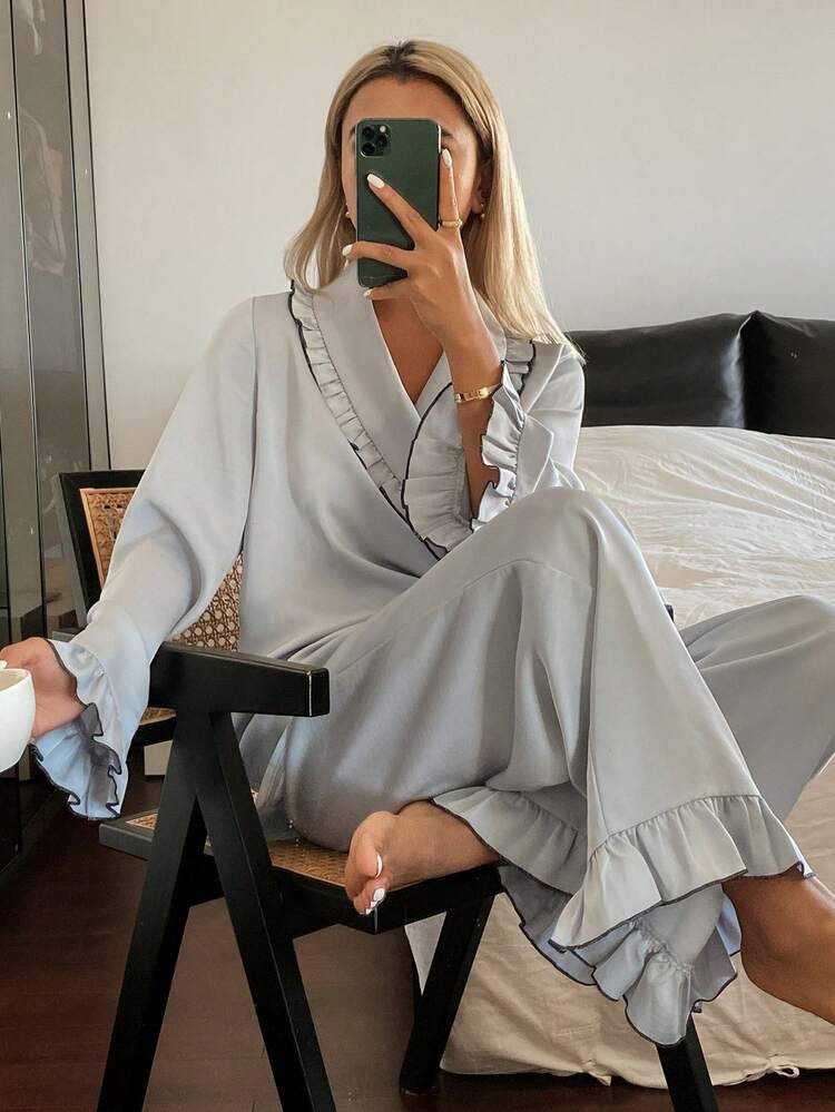 Elegant Satin Ruffle Trim Decorative Lapel Women Pajama Set