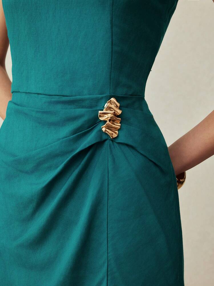 LINEN MINIMALIST ELEGANT NOTCHED NECK CINCHED WAIST MIDI DRESS, SPRING/SUMMER