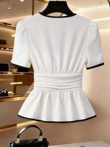 GlowEve Women's Apricot V-Neck Waist Ruched Short Sleeve Ruffle Hem A-Line Contrast Black Trim Versatile Elegant Slim Blouse, Spring/Summer - Apricot - View 2