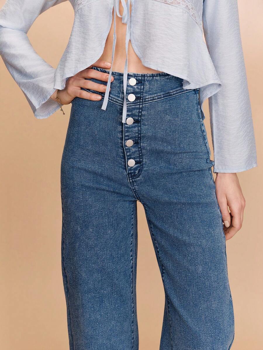 lacRébo High-Waisted Blue Jeans With Button Closure Cute Style Spring Summer Going Out Outfit Daily Outfit Chic Pants French Style Parisian Style - Dark Wash - View 1