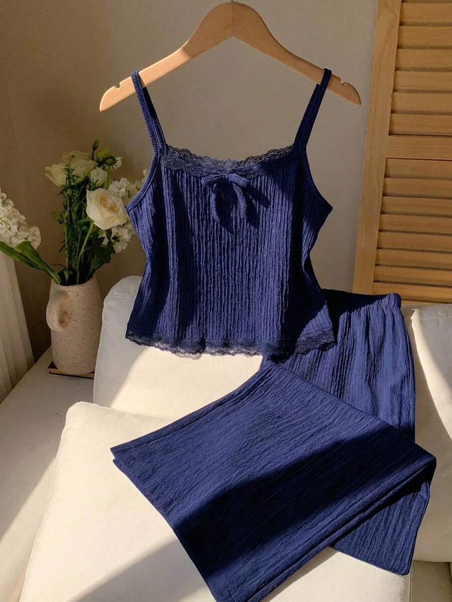 Tween Girls' Textured Camisole With Lace Trim & Straight Leg Pants Set, Knit Textured Outfit, Navy Blue,Kids - Royal Blue - View 1