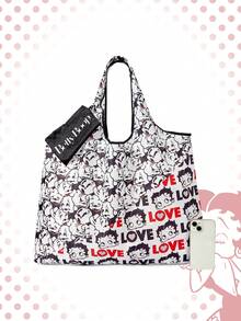 Betty Boop x SHEIN Fashion College Badge Pattern Waterproof Large Capacity Tote Bag - Black and white full print - View 4