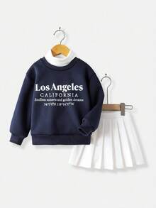 SHEIN Explorewe Women's Simple Printed High Neck Long Sleeve Sweatshirt And Solid Color Skirt Set - Navy Blue - View 1