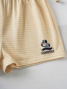 MONOPOLY X SHEIN 少女条纹圆领卡通字母印花吊带背心和松紧腰短裤休闲睡衣套装 - 黃色 - 查看 7