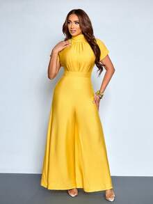 SOLERSUN 春夏女士纯色优雅派对连体裤，简约通勤风，适合生日派对、日常休闲穿着、婚礼季、返校季、感恩节、毕业季等场合。特点：立领、系带腰身、褶裥、高腰连体裤。黄色连体裤，夏季穿搭。 - 黃色 - 查看 8