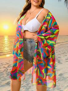 SHEIN CURVE+ Plus Size Women's Beach Cover-Up, Geometric Print Design, Casual Beach, Suitable For Summer Vacation Plus Size Bathing Suits Women - Multicolor - View 5