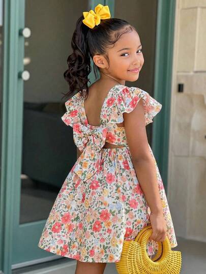 Young Girls Ditsy Floral Waist Cinched Dress With Hollow-Out Bowknot Back, Casual Daily, Easter, Versatile, Outing, Party, Matching With Sisters