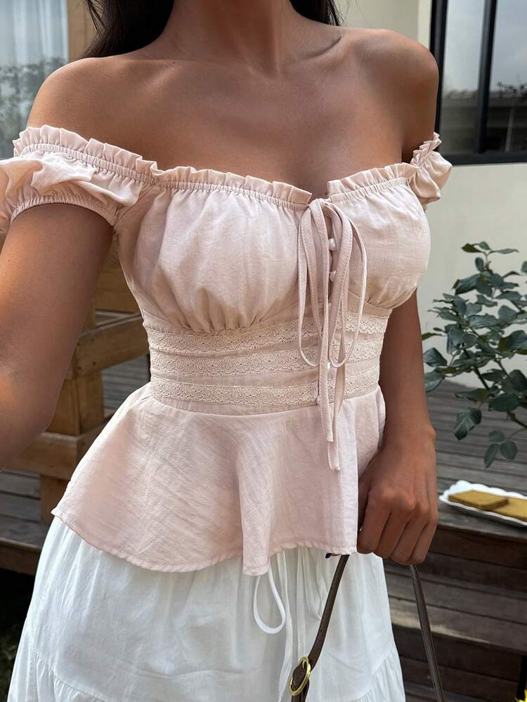 Easter Holiday Summer Party Pink Ruffle One-Shoulder Tie-Waist Lace Patchwork Blouse For Women Babydoll Top Off The Shoulder