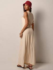 COSMINA Women's Long Dress, Oblique Shoulder Dress, Knitted Elastic Dress, Elegant Dress, Apricot Dress, Casual Daily Summer Dress - Apricot - View 5