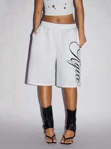 SHEIN ICON Women's Letter Print Elastic Waist Pockets Loose Casual Shorts - White - View 1