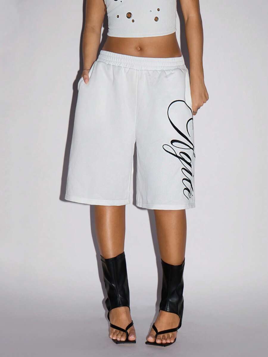 SHEIN ICON Women's Letter Print Elastic Waist Pockets Loose Casual Shorts - White - View 1