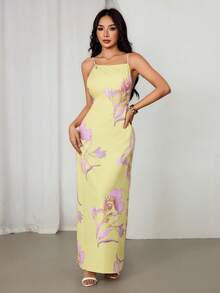 SHEIN PETITE Đầm nữ màu trơn, kiểu dáng thường ngày, dây mảnh, lưng hở, in hoa, dáng rộng, thích hợp cho kỳ nghỉ ở Hawaii, màu vàng bơ, đầm hè cho nữ, phong cách Boho. - Màu vàng - Xem 11