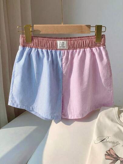 Comfortcana Women's Multicolor Striped Print Letter Patchwork Detail Shorts, Summer