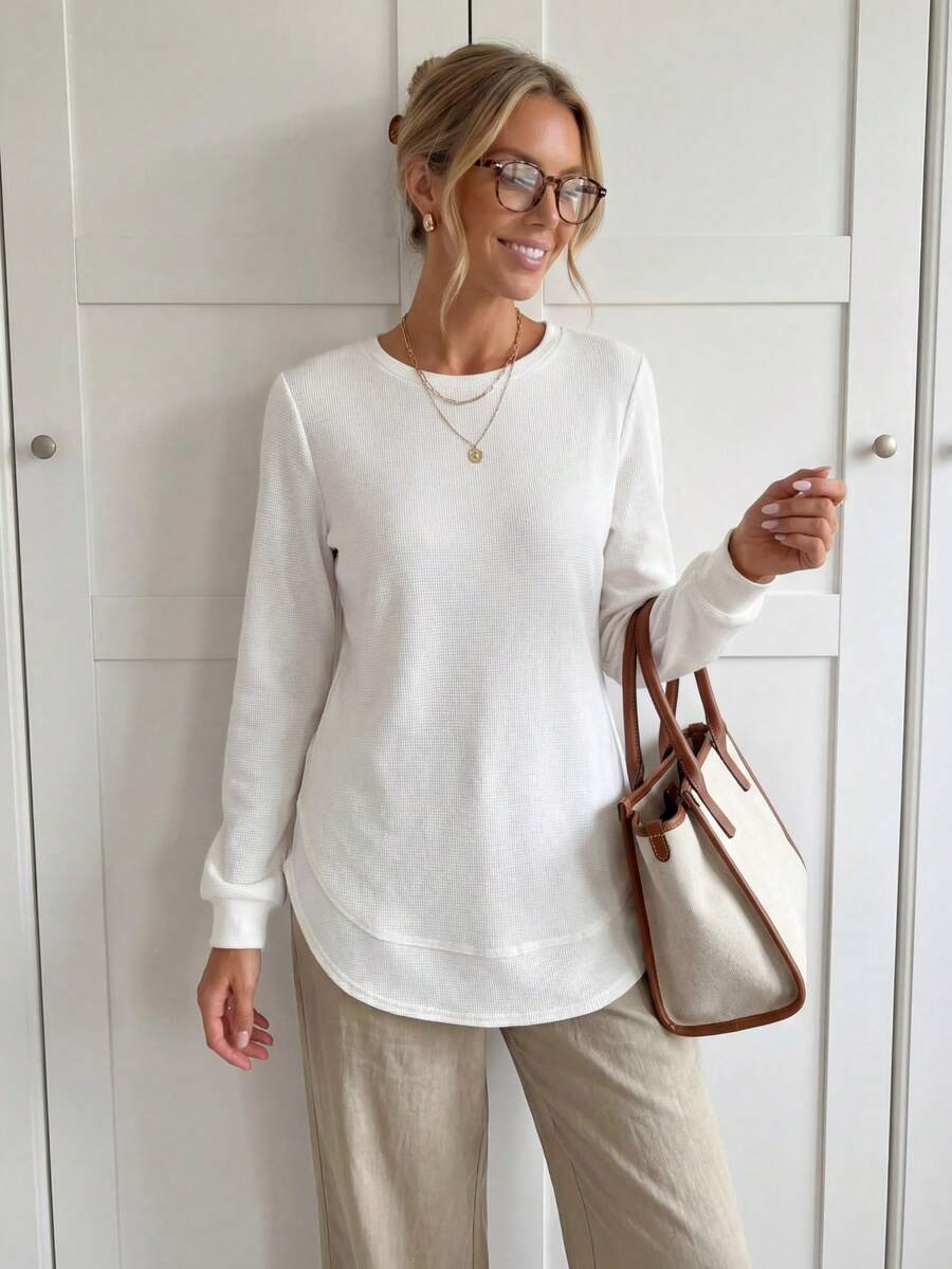 SHEIN LUNE 女式休闲舒适圆领不对称下摆华夫格纹理基本款运动衫 - 白色 - 查看 1