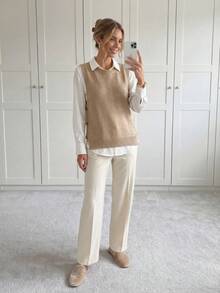 SHEIN LUNE Button Side Slit Hem Sweater Vest In Fall/Winter - Khaki - View 3