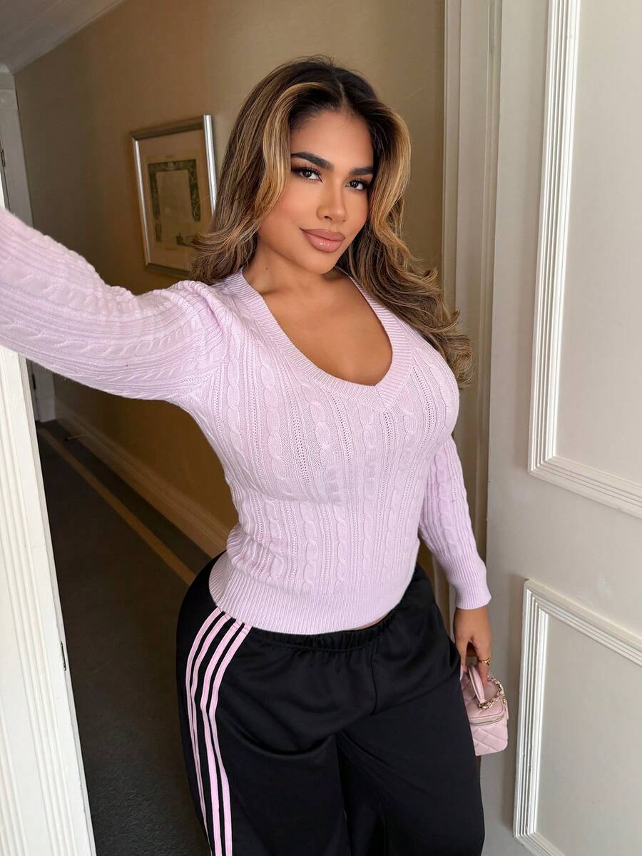 Maria Perezxox Women's Winter Vintage Preppy Y2K Daily Wear Going Out Renaissance Fair Club Outfits Pink V-Neck Sweater,Fall,Fall Clothes For Women,Winter Clothes For Women - Baby Pink - View 1