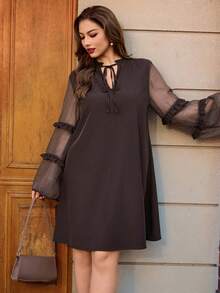 SHEIN Clasi Plus Size Women's Brown Retro Casual Loose Tie-Waist Mesh Sleeve Dress, Early Spring - Brown - View 3