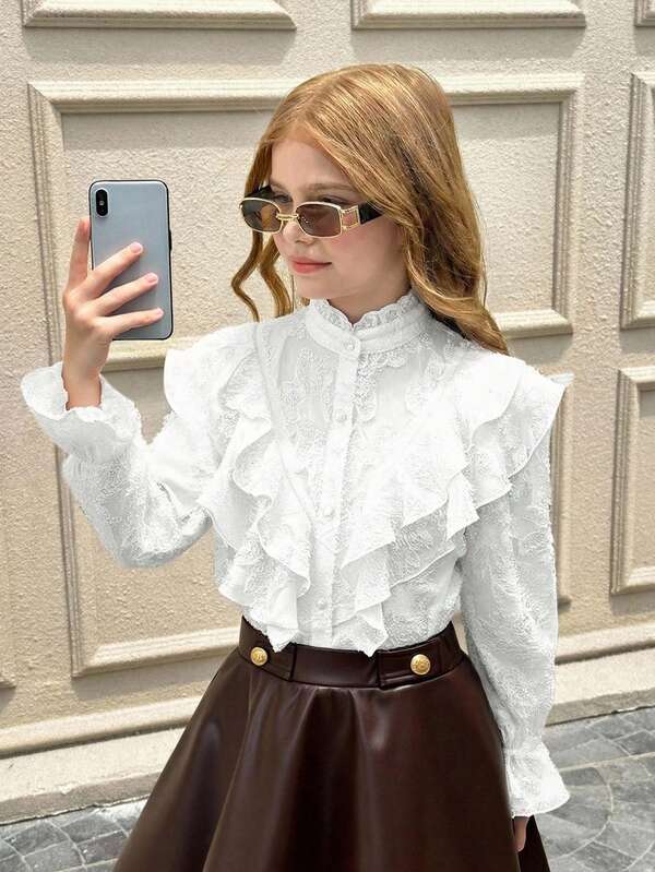 SHEIN Serisse Kids Tween Girls Solid Apricot Elegant Delicate Retro Palace Style Stand Collar Ruffle Jacquard Textured Button Flare Sleeve Apricot Blouse, For Daily Wear, Back To School White Ruffle Blouse Girl Girls White Long Sleeve Shirt Ruffle Shirt Girls Vintage White Long Sleeve Shirt Tween Girl Teen Girl White Elegant Shirt Girls Ruffle Shirt Teen Girl Bow Blouse Girls Shirt Dressy White White Blouse For Teen Girls