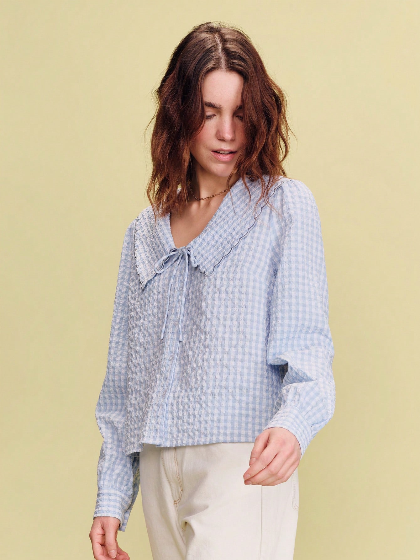 Gingham Shirt With Scallop Baby Doll Collar Spring Summer French Style Parisian Style Office Outfits Business Casual Top