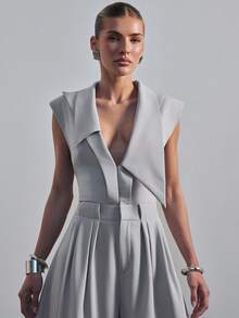 Hauture 女士现代不对称翻领连体裤，筒状裤腿，性感职业装 - 淺灰色 - 查看 5