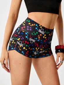 Tetris™ X SHEIN Women Geometric Print Elastic Waist Casual Shorts, - Black - View 6