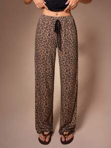 SHEIN Women's Casual Leopard Print Black And Brown Drawstring Pajama Set - Multicolor - View 7