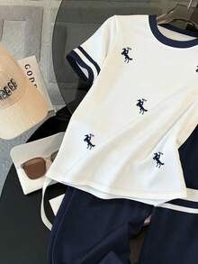 Resyla 2pcs/Set Women Knight Print Round Neck Short Sleeve T-Shirt And Wide Leg Pants, Casual - Multicolor - View 4