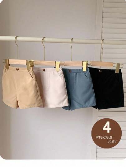4pcs/Set Young Boy Casual School Style Solid Color Button Pocket Design Loose Shorts, Versatile For Outings, Vacation, Gatherings, School, Home, Suitable For Spring And Summer