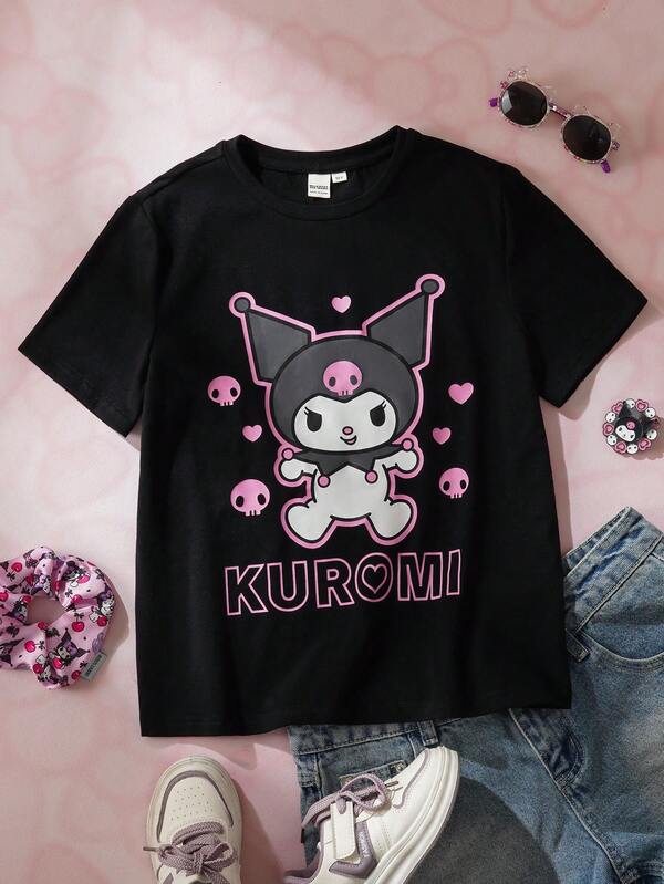 HELLO KITTY AND FRIENDS | SHEIN 少女休闲字母卡通图案圆领短袖T恤，夏季