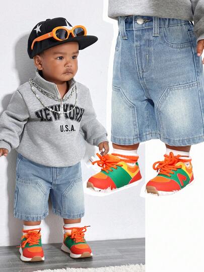 SHEIN 男婴斜插口袋纯色休闲阔腿牛仔裤