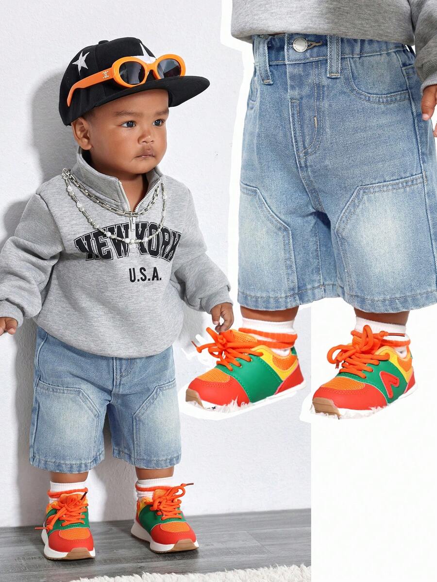 SHEIN Baby Boy Slant Pocket Solid Color Casual Wide Leg Jeans,Kids - Light Wash - View 1