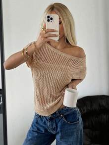 SHEIN EZwear 女士夏季休闲沙滩度假纯色不对称领蝙蝠袖半透明针织上衣 - 駝色 - 查看 4