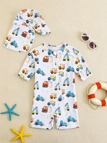 男婴卡通汽车印花泳衣，配遮阳帽 - 彩色 - 查看 1