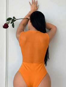 SHEIN SXY 网纱拼接无袖性感连体衣 - 橘色 - 查看 2