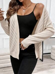 SHEIN Elenzya Light Apricot Ribbed Knit Cardigan, Casual Commuter Wear, Spring/Summer - Apricot - View 5
