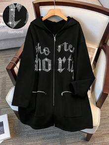 SHEIN Clasi 大码女式休闲时尚街头水钻字母图案拉链连帽外套，春秋季 - 黑色 - 查看 1