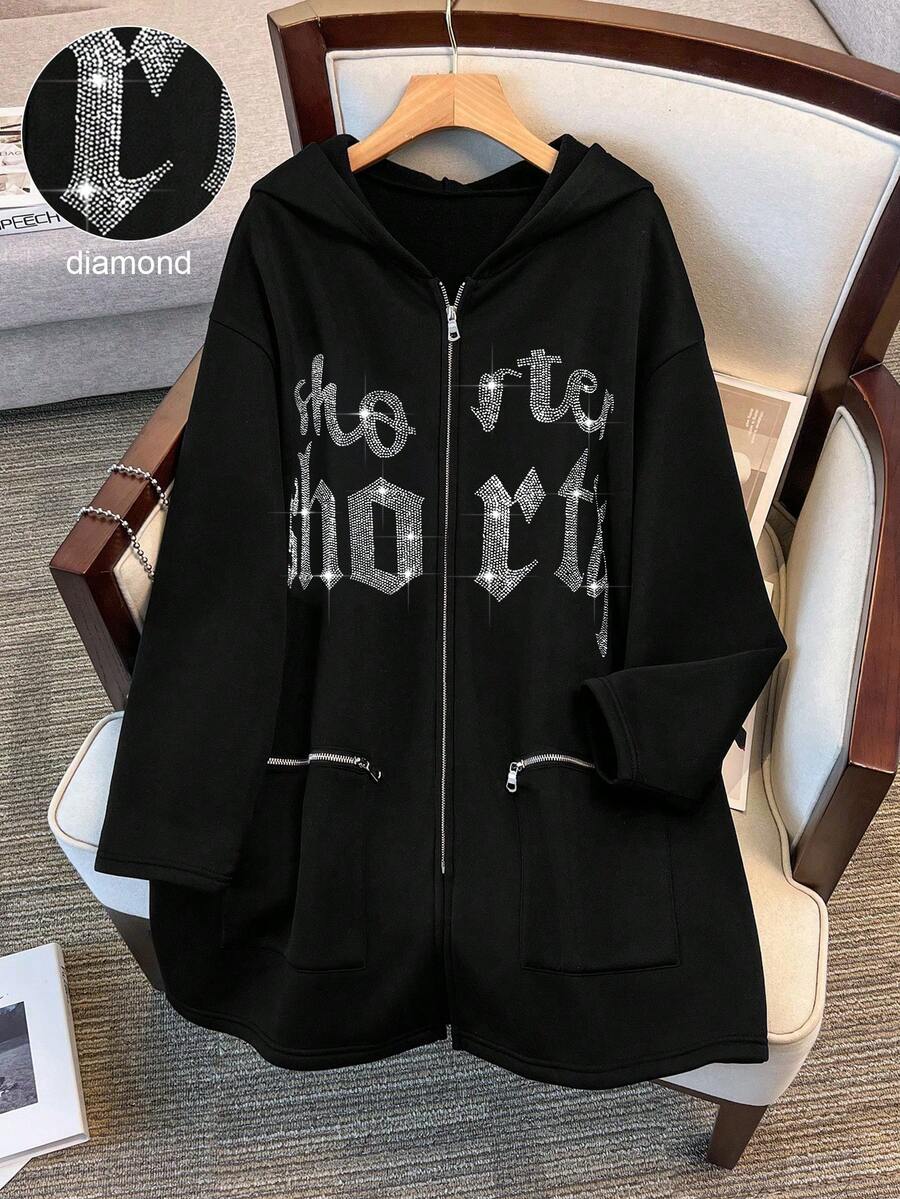 SHEIN Clasi 大码女式休闲时尚街头水钻字母图案拉链连帽外套，春秋季 - 黑色 - 查看 1