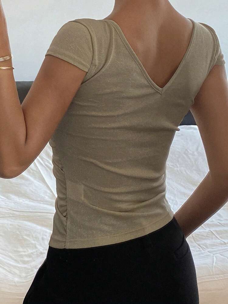 Women's Solid Color Shiny Fabric Fitted Deep V-Neck Backless Casual Summer Top