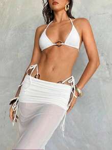 Aloruh 女士三件套比基尼套装，性感优雅浪漫复古白色迷你三角罩杯挂脖上衣、迷你丁字裤和超长纱笼裙，度假/海滩装扮 - 白色 - 查看 4