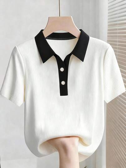 Resyla 春夏休闲通勤撞色纽扣修身罗纹优雅百搭女式短款T恤