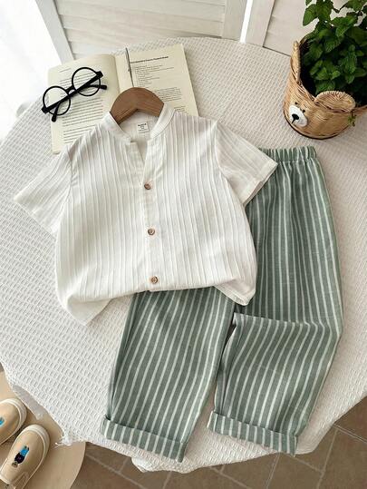 LMoss Kids 2pcs Young Boy Woven Solid Color Casual Shirt And Striped Pants Set Boy Dress Clothes Outfit Button Down Shirt Pants Set 2 Piece Boys Short Sleeve 2 Piece Casual Stripe Pants Set For Kids Boy Shirt Set