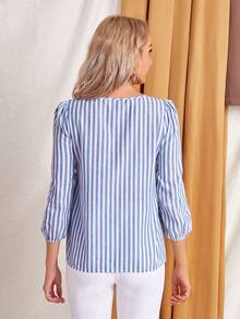 EMERY ROSE Striped Print Round Neck Blouse,Three Quarter Sleeve Tops - Blue and White - View 2