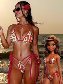 Swim SXY Set Bikini Tanpa Lengan Model Halter Motif Leopard Seksi Terbaru, Pakaian Renang Dua Potong Kombinasi Warna untuk Liburan Pantai - MultiWarna - View 5