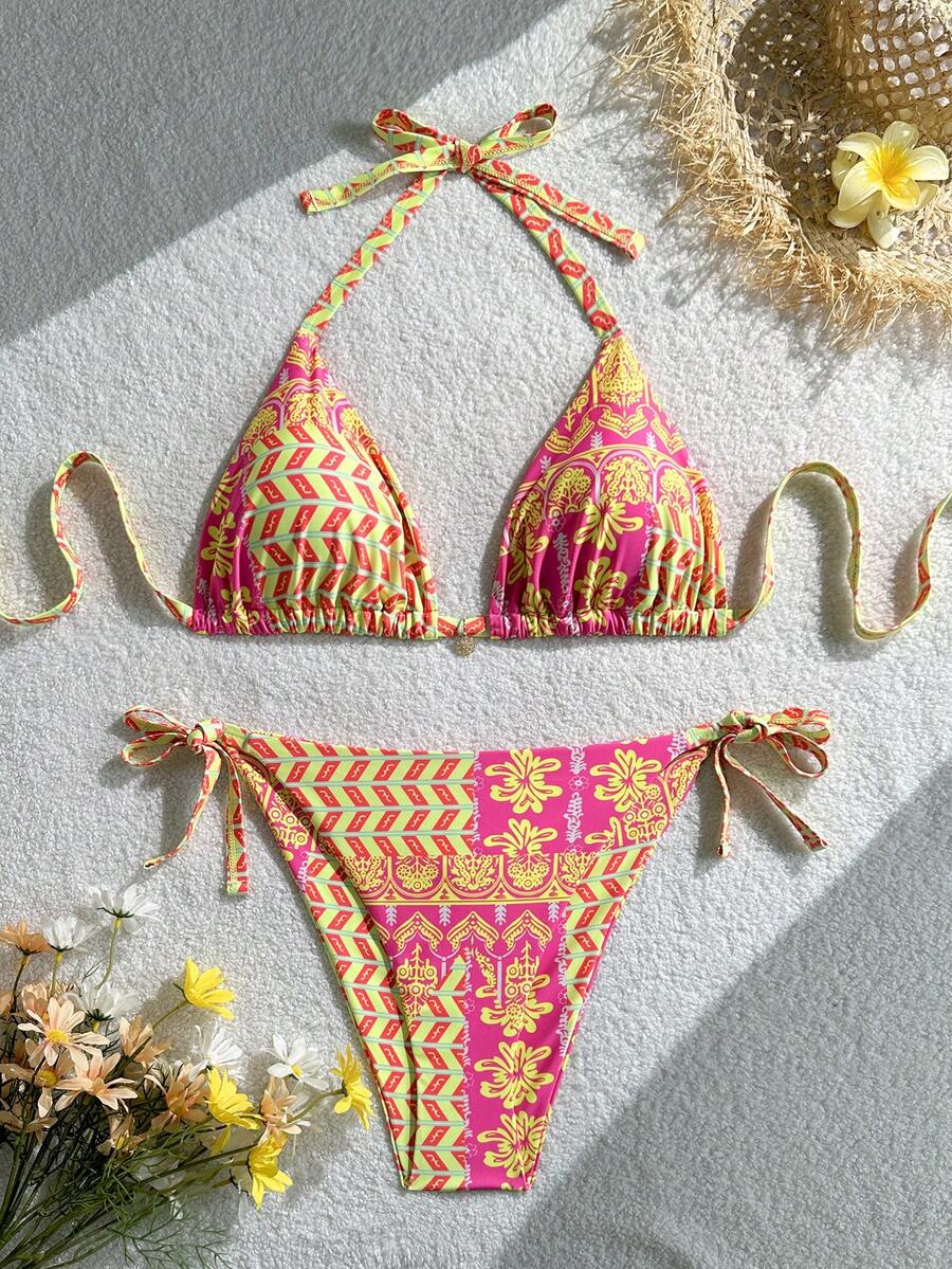 SHEIN Swim Pink Summer Boho Vacation Holiday Plus Size Bikini Set,Positioning Print Tie-Up Halter Neck Brazilian Swimwear Tummy Control Bathing Suits - Multicolor - View 1
